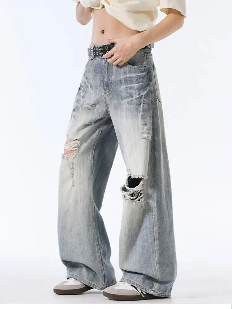 Men’s Distressed Wide Leg Vintage Wash Jeans