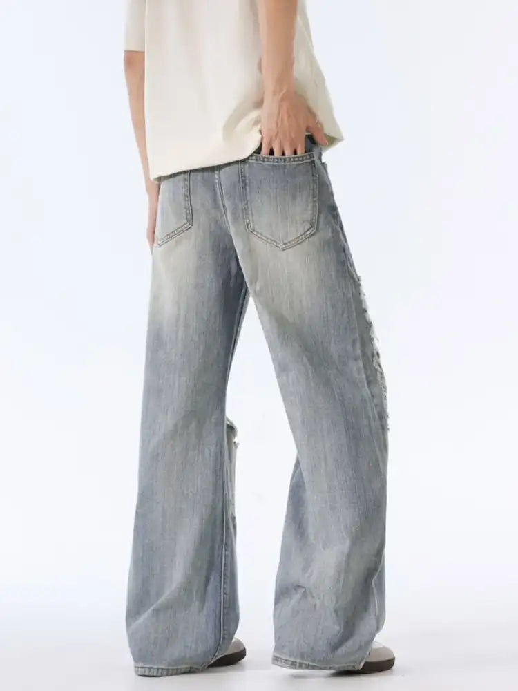 Men’s Distressed Wide Leg Vintage Wash Jeans