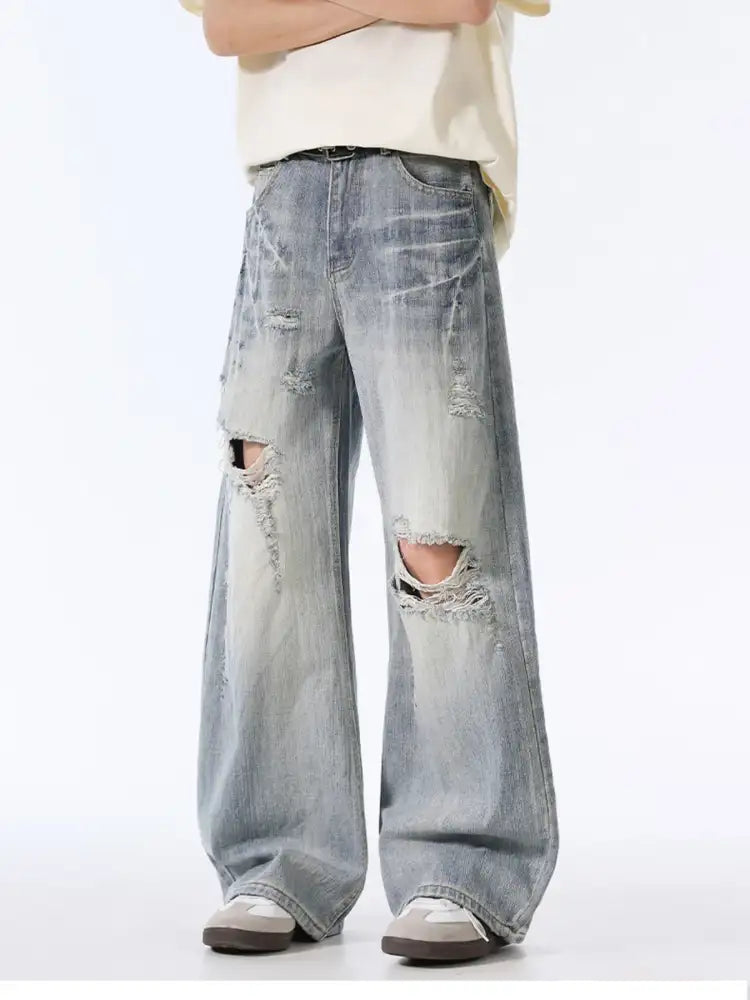 Men’s Distressed Wide Leg Vintage Wash Jeans