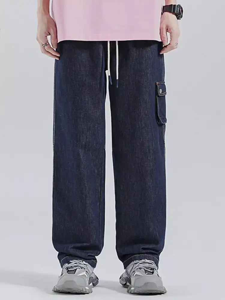 Men’s Drawstring Washed Wide Leg Jeans