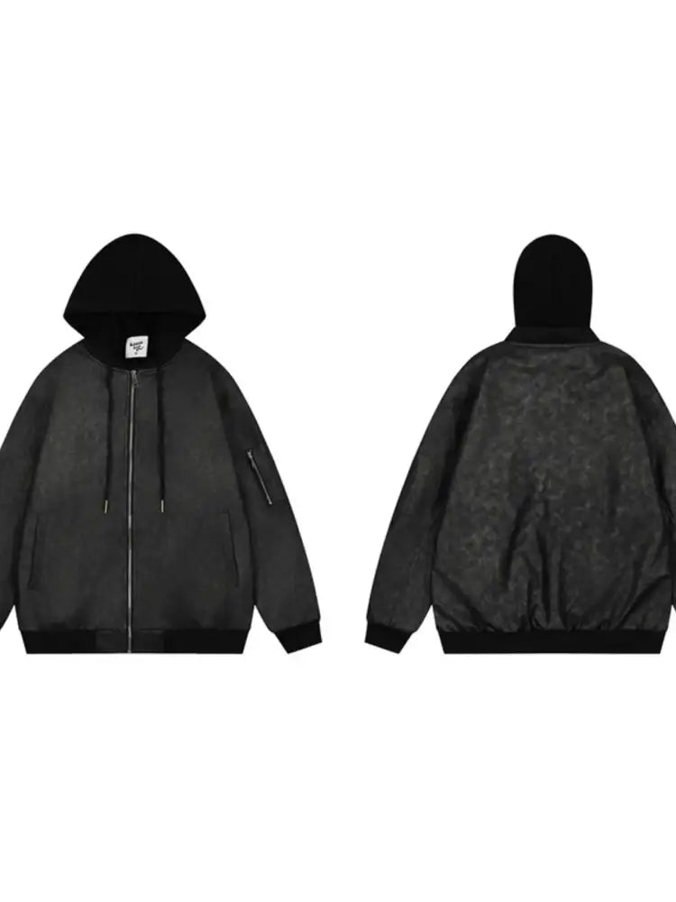 Men’s Drawstring Washed Zip Up Hooded Jacket