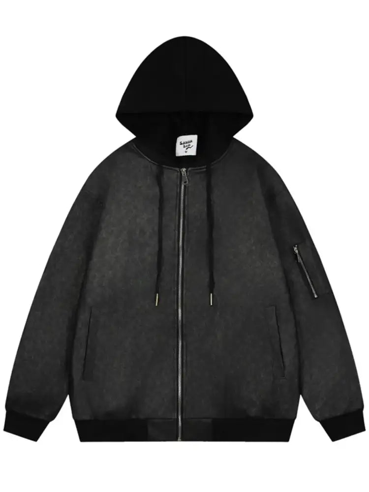 Men’s Drawstring Washed Zip Up Hooded Jacket