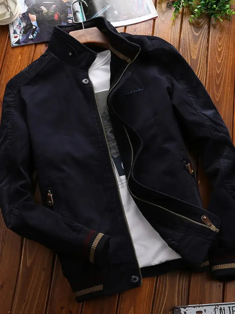 Men’s Full Size Bomber Jacket with Ribbed Cuffs and Collar Plus