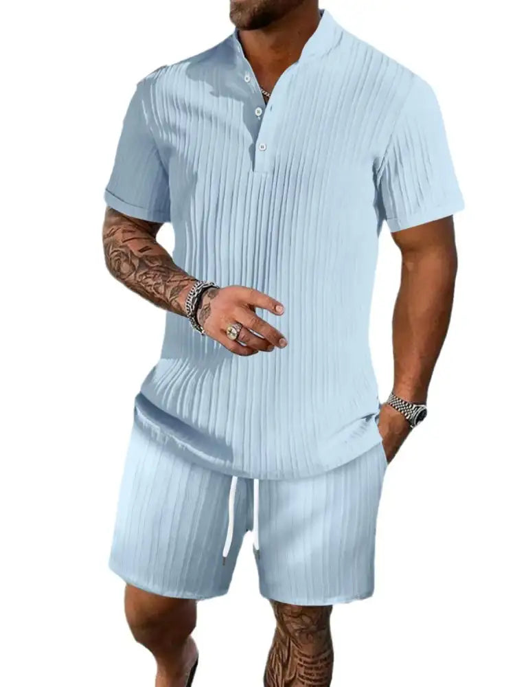 Men’s Full Size Button Detail Short Sleeve Top and Shorts Set Plus Size - light blue pleated short set