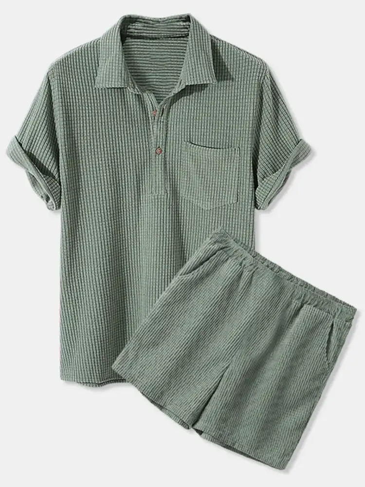 Men’s Full Size Button Detail Short Sleeve Top and Shorts Set Plus