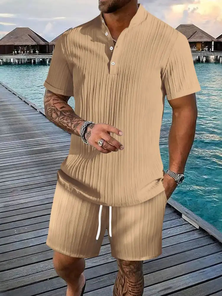 Men’s Full Size Button Detail Short Sleeve Top and Shorts Set Plus Size - beige pleated short set waist