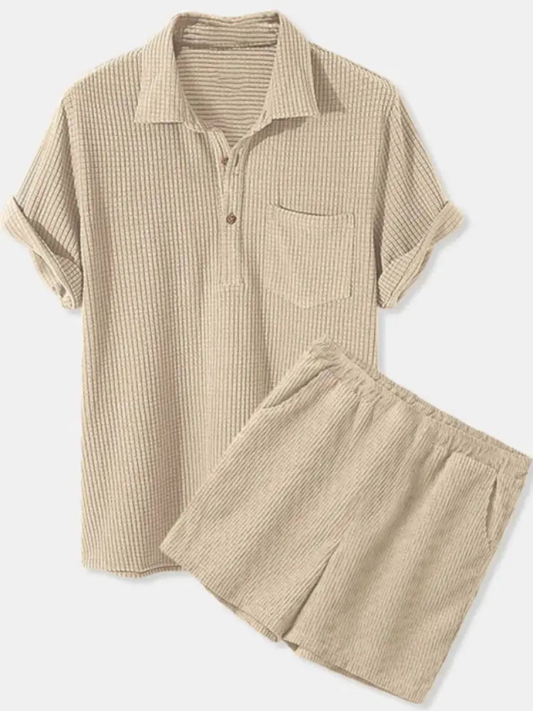 Men’s Full Size Button Detail Short Sleeve Top and Shorts Set Plus