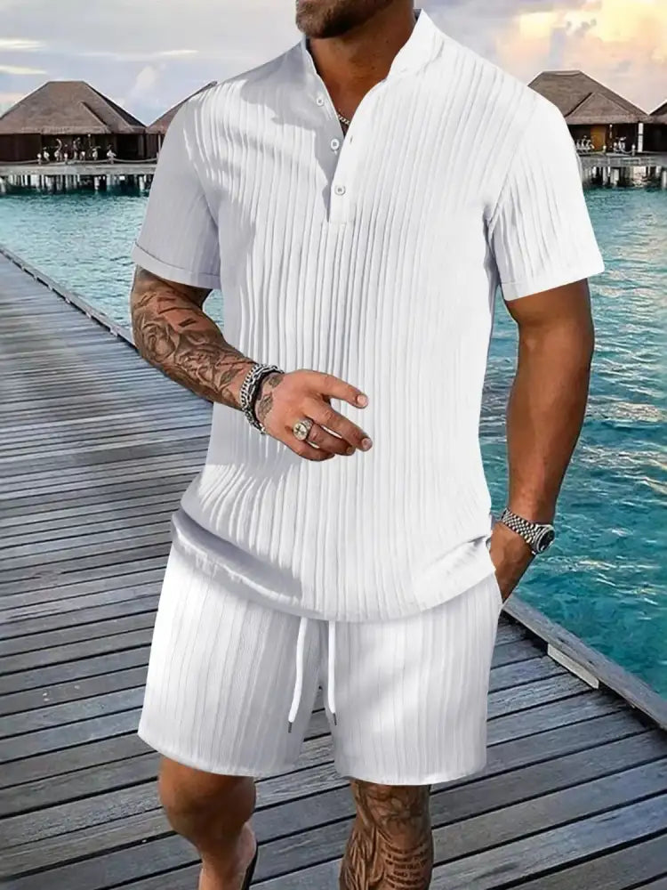 Men’s Full Size Button Detail Short Sleeve Top and Shorts Set Plus Size - white pleated summer set short