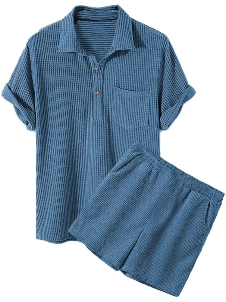 Men’s Full Size Button Detail Short Sleeve Top and Shorts Set Plus