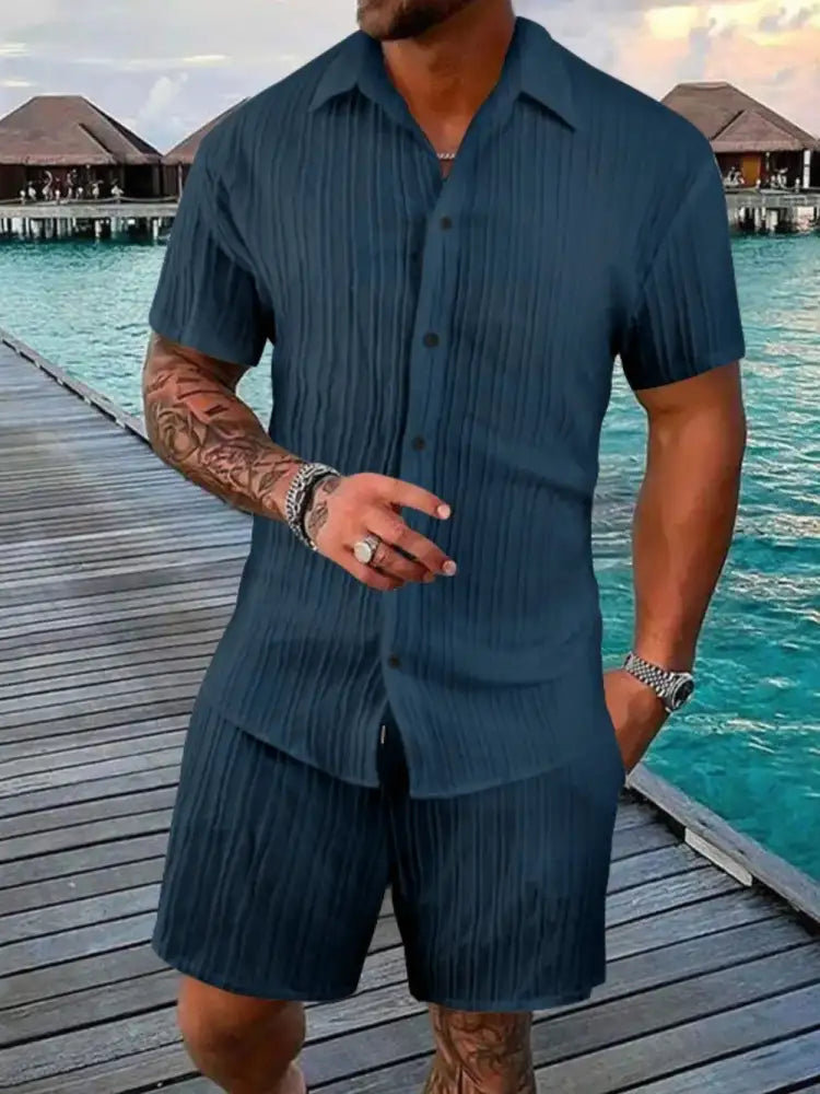 Men’s Full Size Button Down Short Sleeve Shirt and Shorts Set Plus