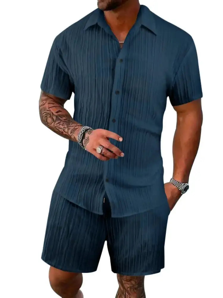 Men’s Full Size Button Down Short Sleeve Shirt and Shorts Set Plus