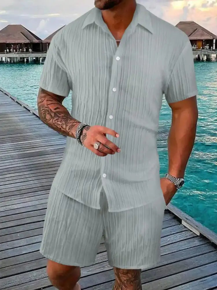 Men’s Full Size Button Down Short Sleeve Shirt and Shorts Set Plus