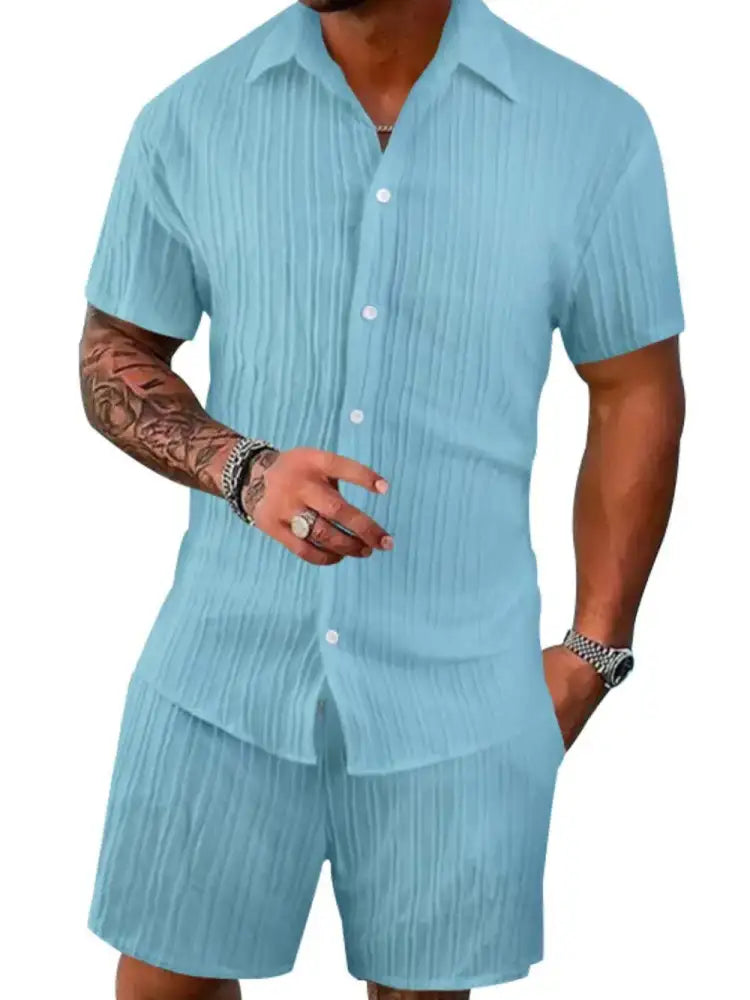 Men’s Full Size Button Down Short Sleeve Shirt and Shorts Set Plus