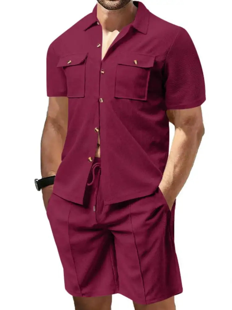 Men’s Full Size Button Down Short Sleeve Top and Shorts Set Plus