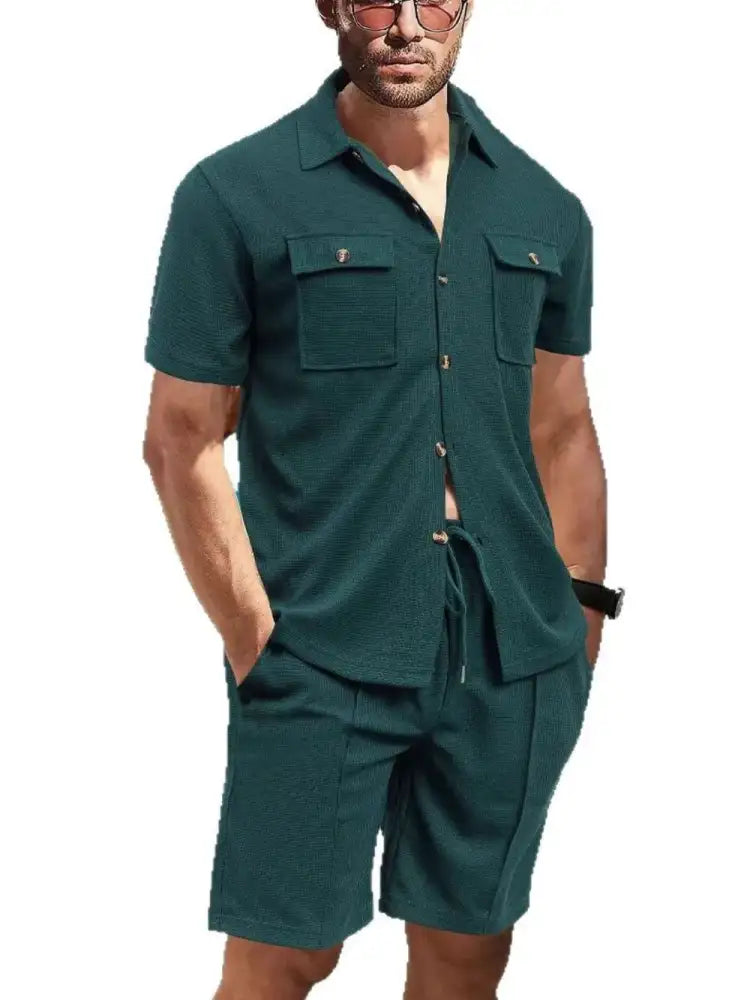 Men’s Full Size Button Down Short Sleeve Top and Shorts Set Plus