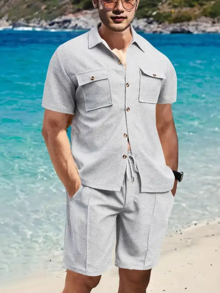 Men’s Full Size Button Down Short Sleeve Top and Shorts Set Plus