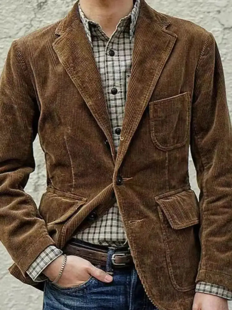 Men’s Full Size Button Up Lapel Collar Corduroy Blazer Plus