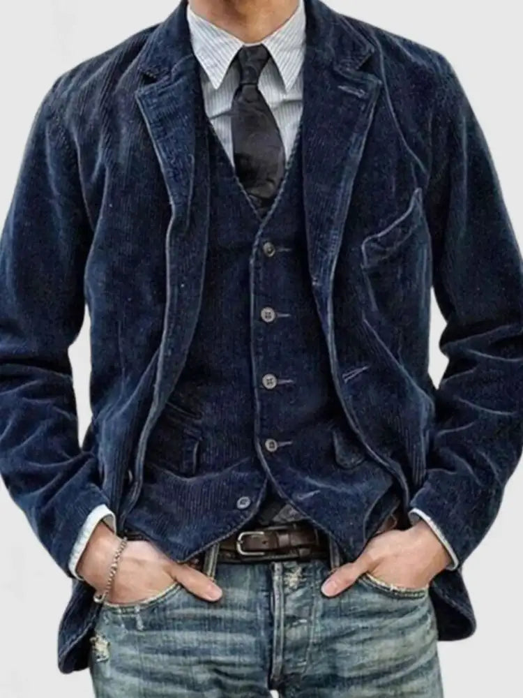 Men’s Full Size Button Up Lapel Collar Corduroy Blazer Plus