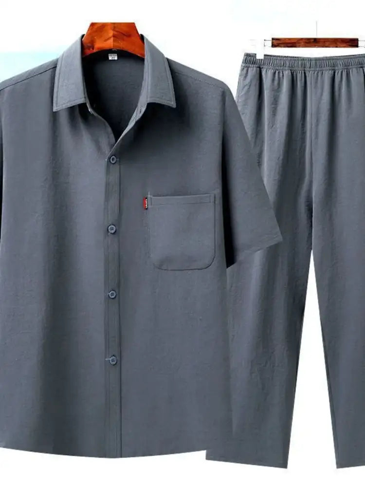 Men’s Full Size Button Up Short Sleeve Shirt and Pants Set Plus