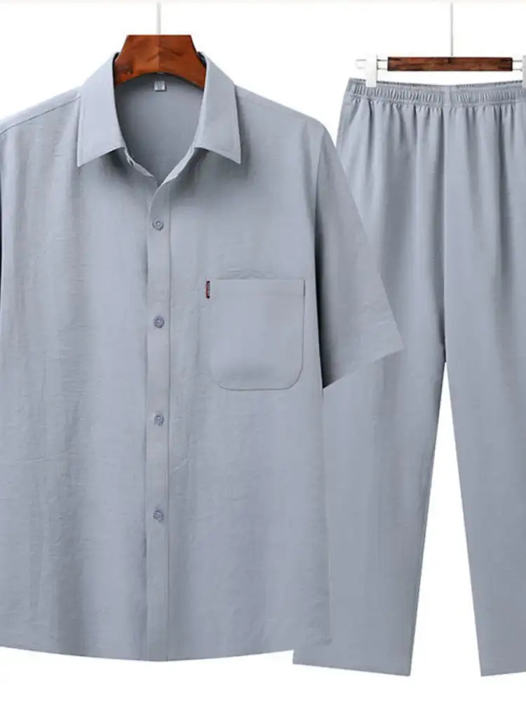 Men’s Full Size Button Up Short Sleeve Shirt and Pants Set Plus