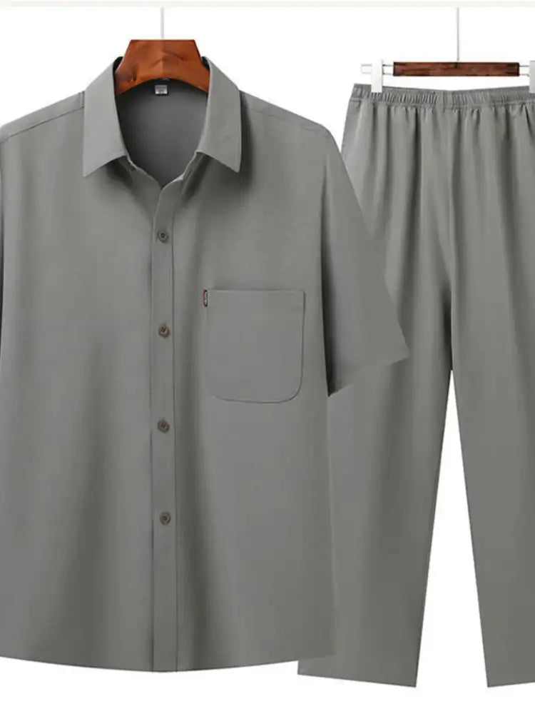 Men’s Full Size Button Up Short Sleeve Shirt and Pants Set Plus
