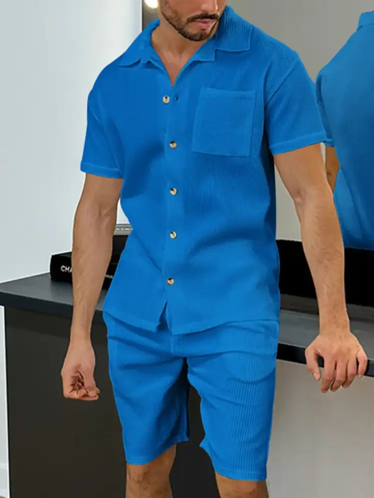 Men’s Full Size Button Up Top and Shorts Set - White | royal blue short-sleeved button-up shirt