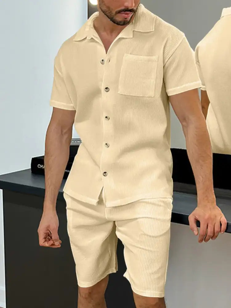 Men’s Full Size Button Up Top and Shorts Set - White | beige corduroy short sleeve shirt