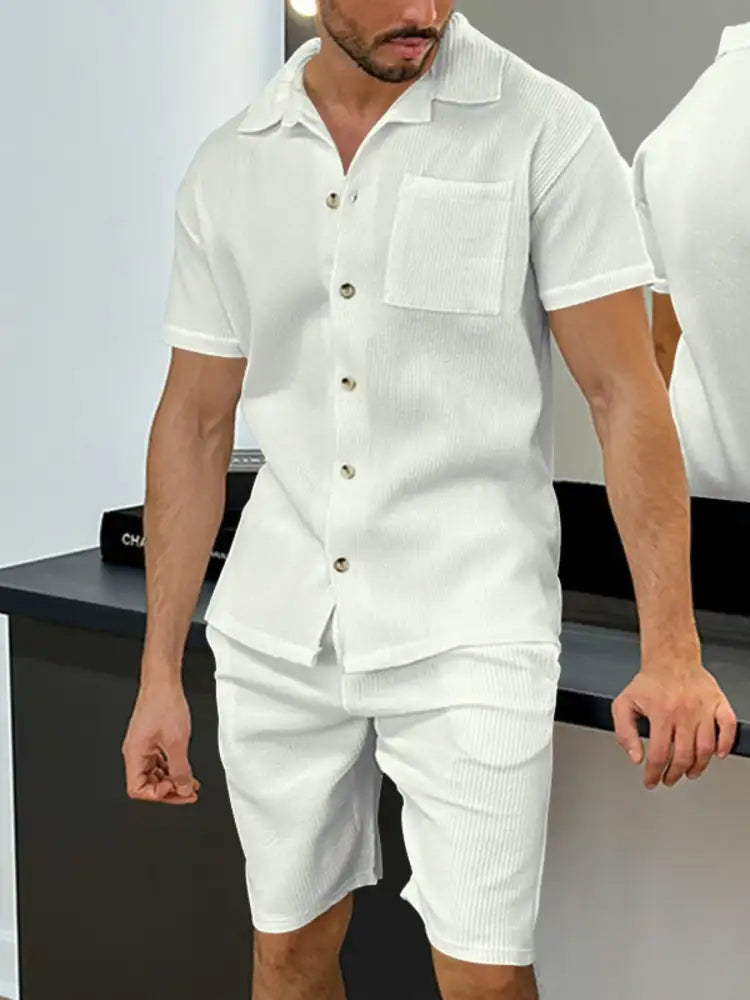 Men’s Full Size Button Up Top and Shorts Set - White | white linen short sleeve shirt