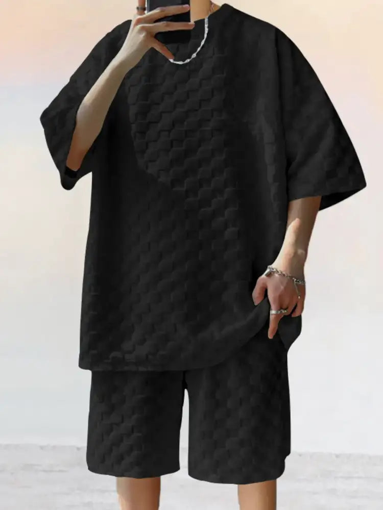 Men’s Full Size Checkered Pattern Casual Top and Shorts Two-Piece Set Plus Size - black quilted short sleeve shorts