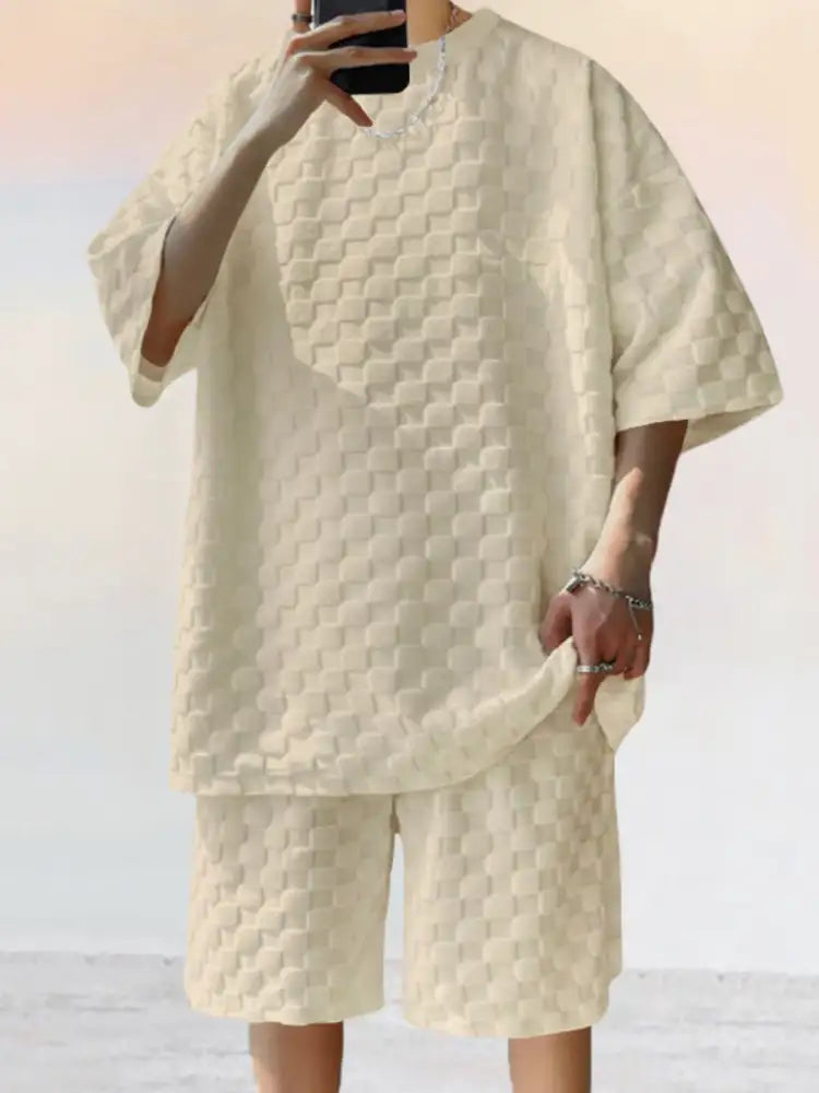 Men’s Full Size Checkered Pattern Casual Top and Shorts Two-Piece Set Plus Size - cream quilted loungewear set textured