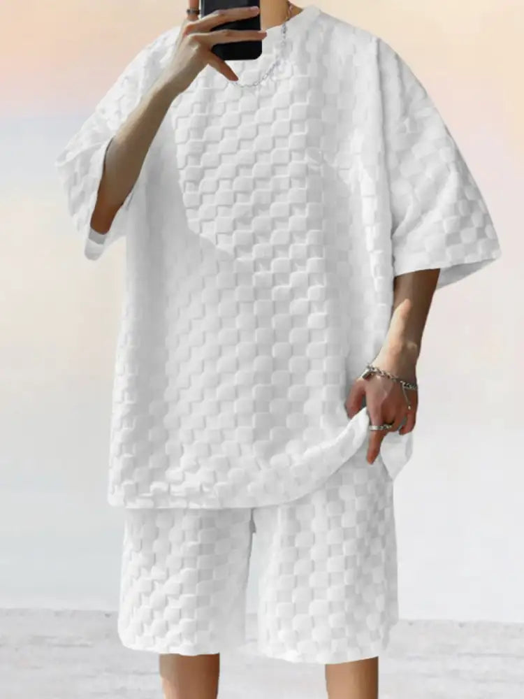 Men’s Full Size Checkered Pattern Casual Top and Shorts Two-Piece Set Plus Size - white textured bathrobe pocket closure
