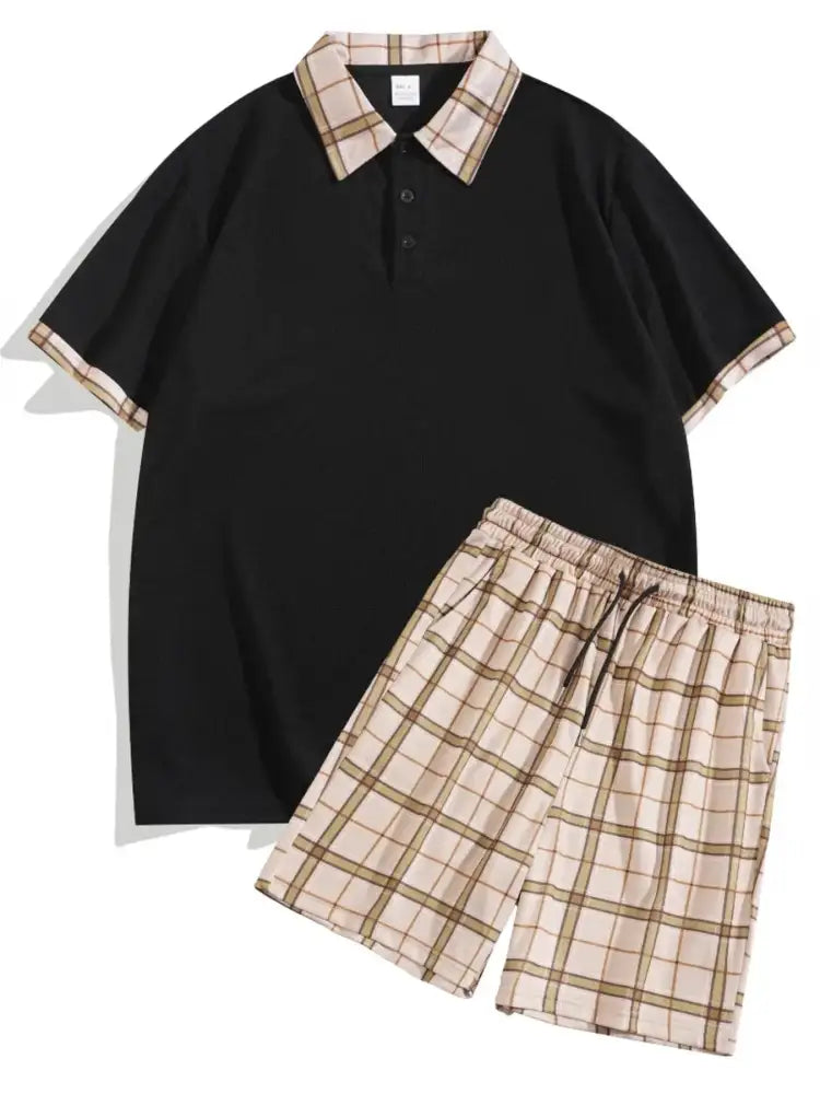 Men’s Full Size Classic Plaid Collar Polo and Shorts Set Plus