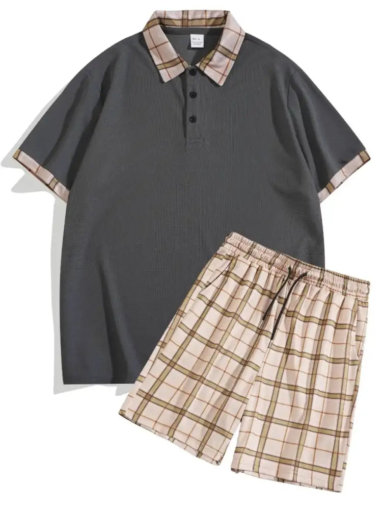 Men’s Full Size Classic Plaid Collar Polo and Shorts Set Plus