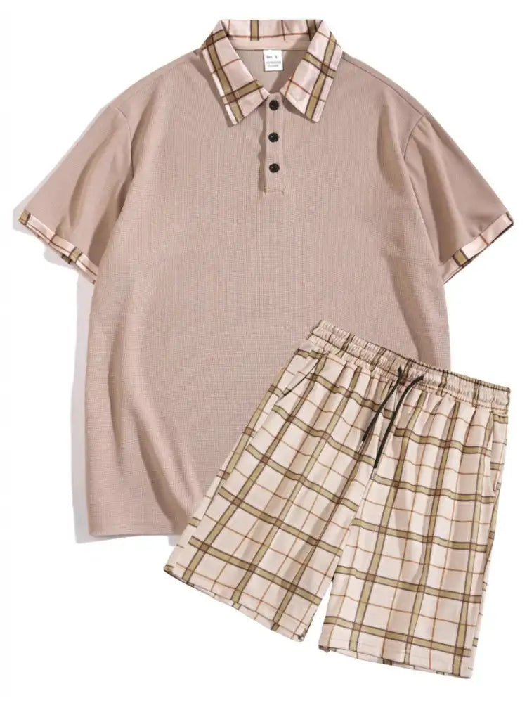 Men’s Full Size Classic Plaid Collar Polo and Shorts Set Plus