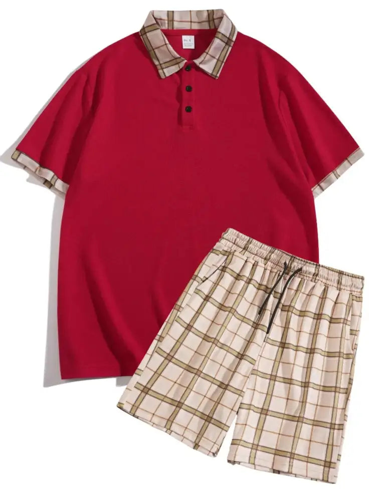 Men’s Full Size Classic Plaid Collar Polo and Shorts Set Plus