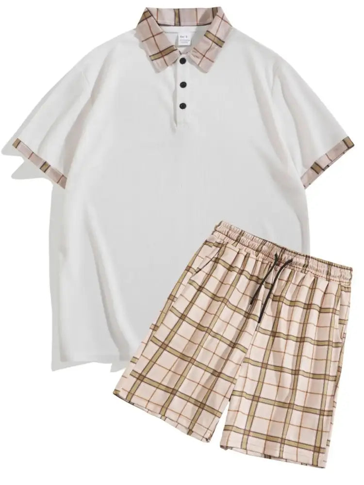 Men’s Full Size Classic Plaid Collar Polo and Shorts Set Plus