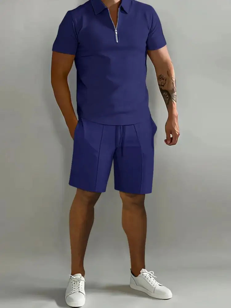 Men’s Full Size Collared Neck Short Sleeve Top and Shorts Set Plus
