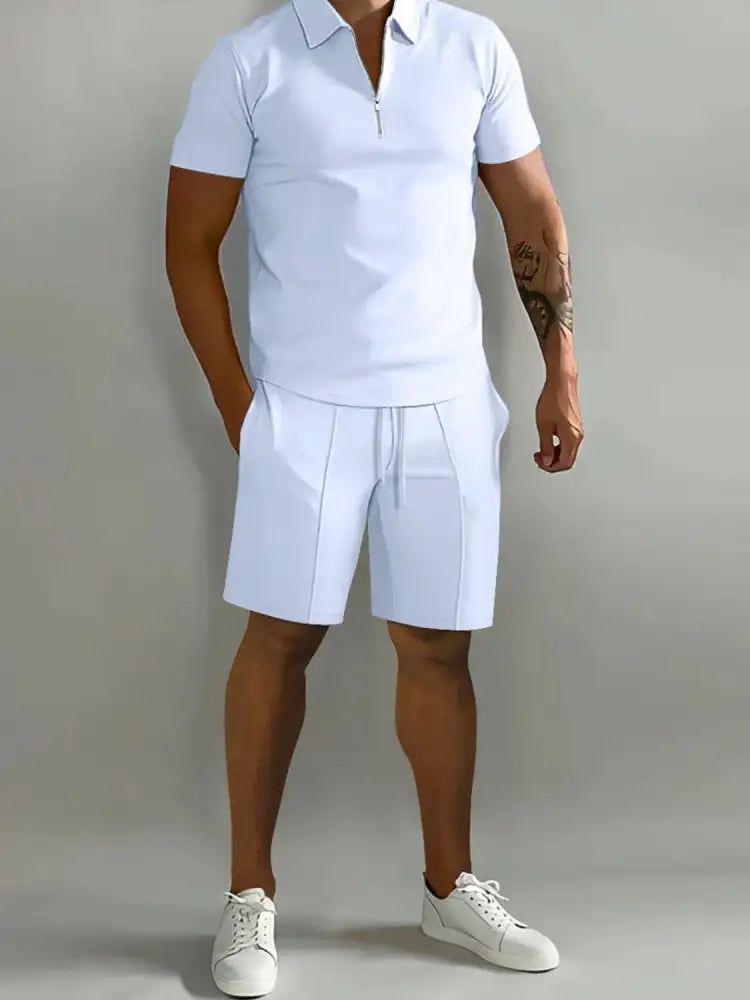 Men’s Full Size Collared Neck Short Sleeve Top and Shorts Set Plus