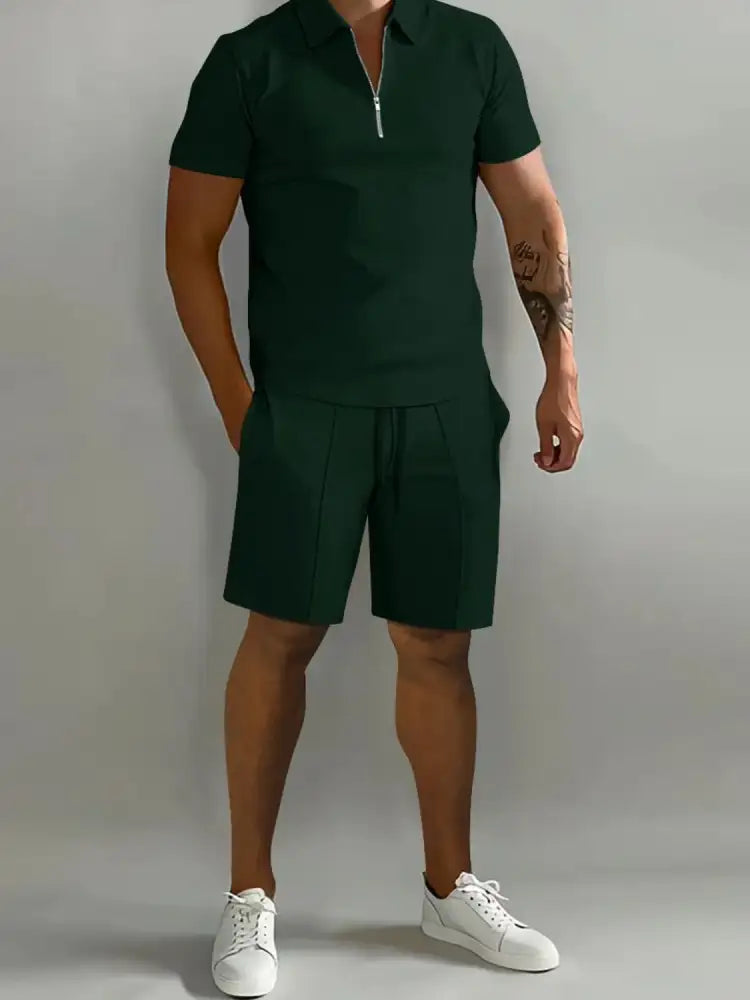 Men’s Full Size Collared Neck Short Sleeve Top and Shorts Set Plus