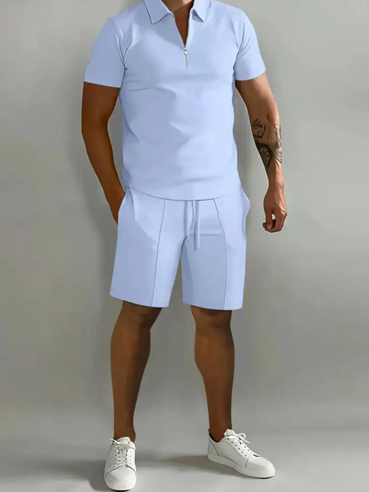 Men’s Full Size Collared Neck Short Sleeve Top and Shorts Set Plus