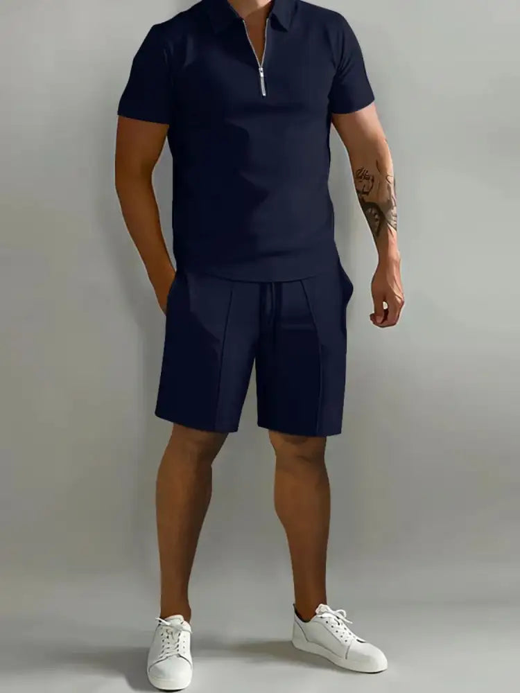 Men’s Full Size Collared Neck Short Sleeve Top and Shorts Set Plus