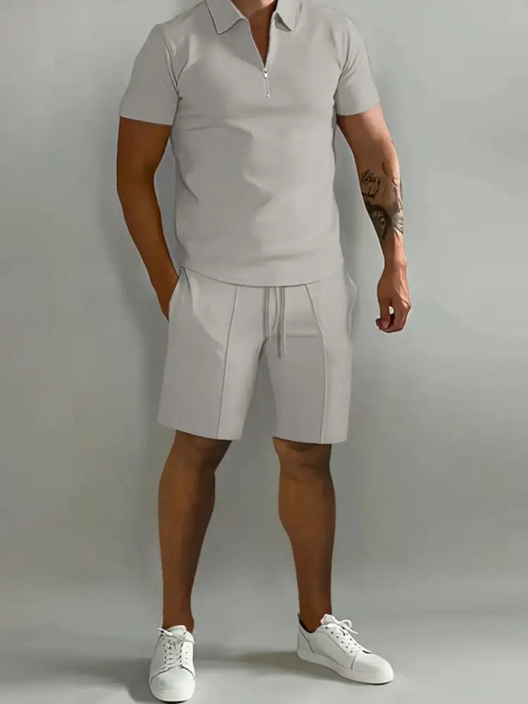 Men’s Full Size Collared Neck Short Sleeve Top and Shorts Set Plus