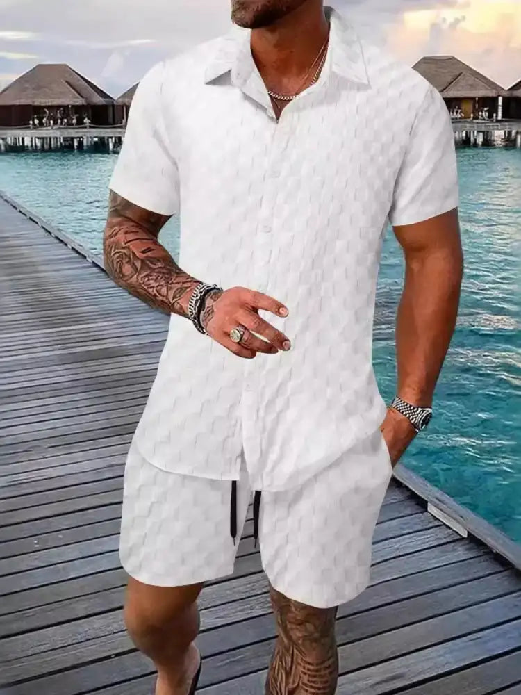 Men’s Full Size Collared Neck Short Sleeve Top and Shorts Set Plus