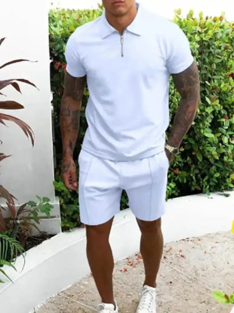Men’s Full Size Collared Neck Short Sleeve Top and Shorts Set Plus