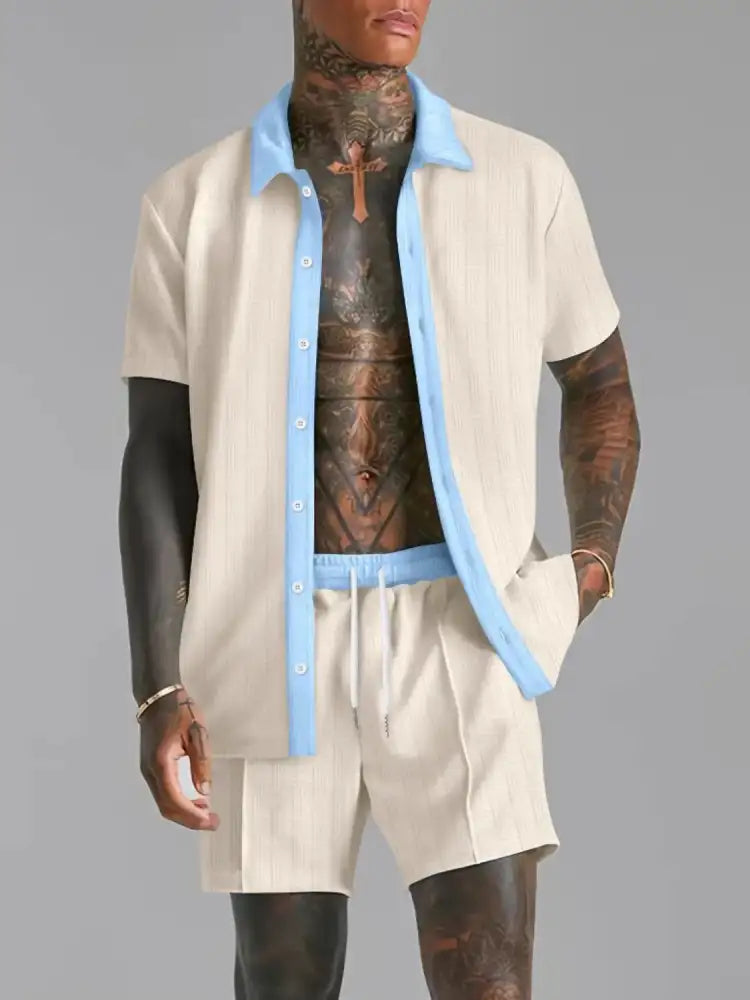 Men’s Full Size Collared Neck Short Sleeve Top and Shorts Set Plus Size - beige light blue button-down shirt