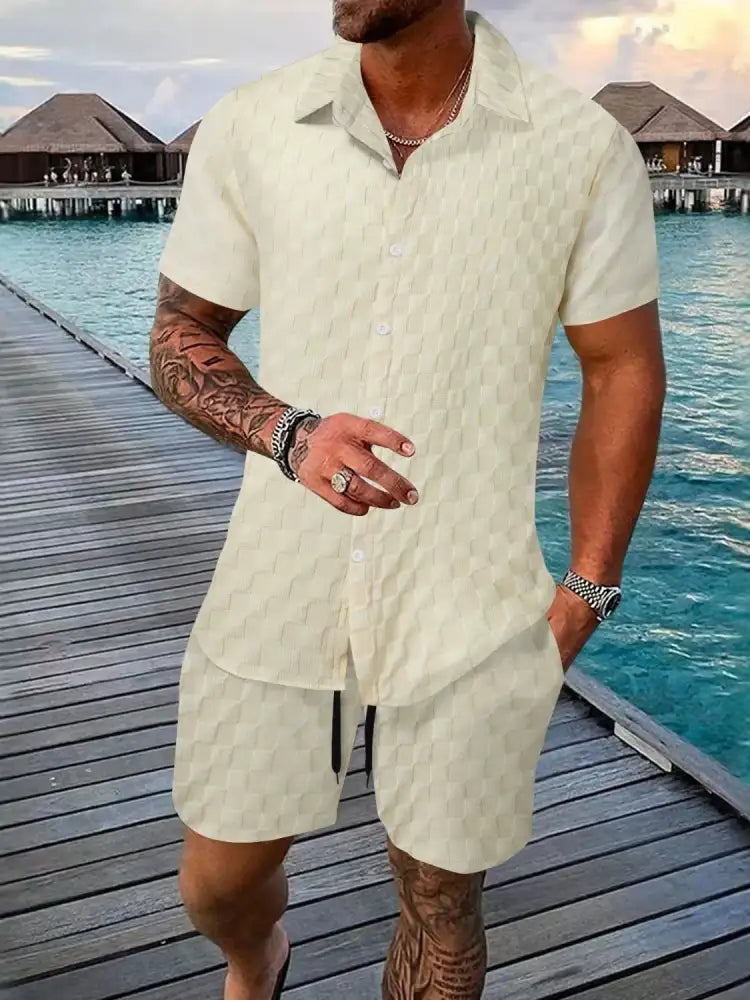 Men’s Full Size Collared Neck Short Sleeve Top and Shorts Set Plus