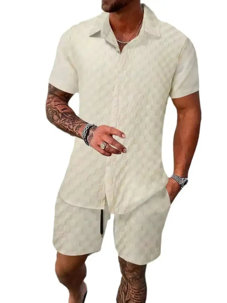 Men’s Full Size Collared Neck Short Sleeve Top and Shorts Set Plus