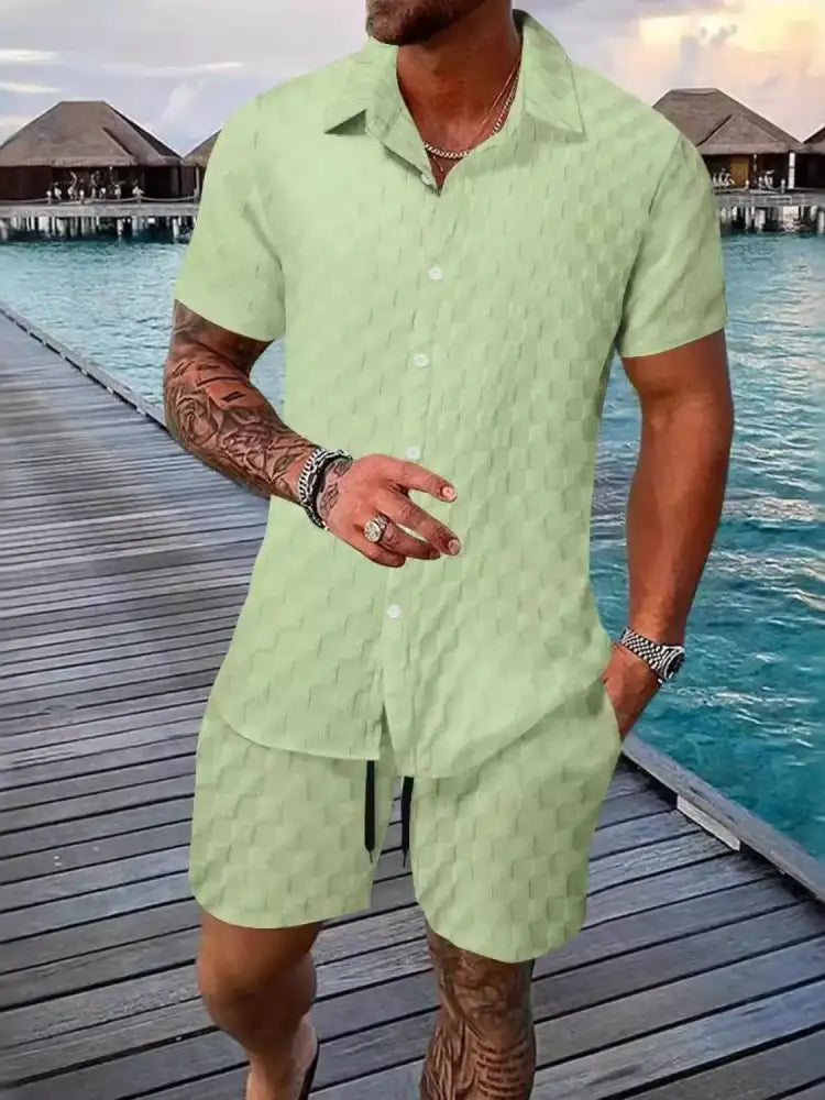 Men’s Full Size Collared Neck Short Sleeve Top and Shorts Set Plus