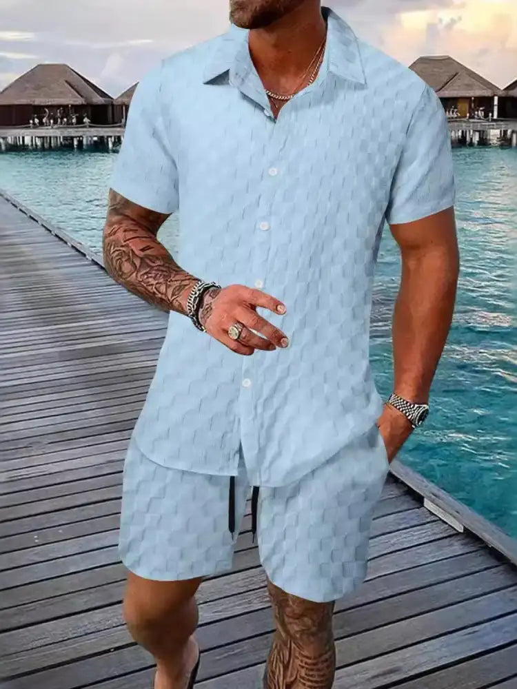 Men’s Full Size Collared Neck Short Sleeve Top and Shorts Set Plus