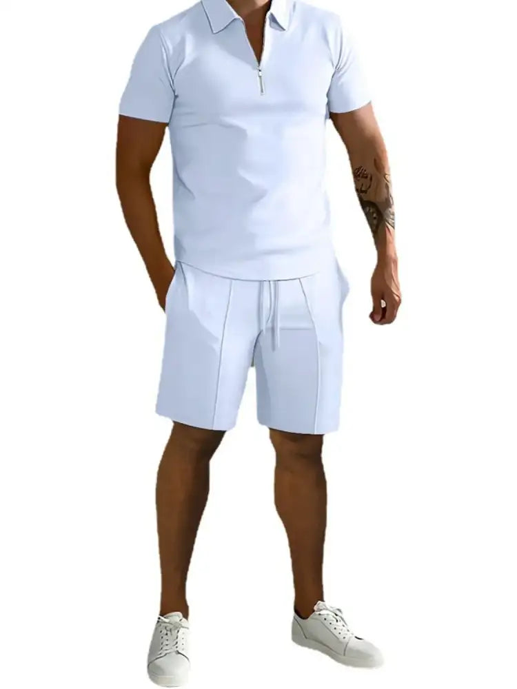 Men’s Full Size Collared Neck Short Sleeve Top and Shorts Set Plus